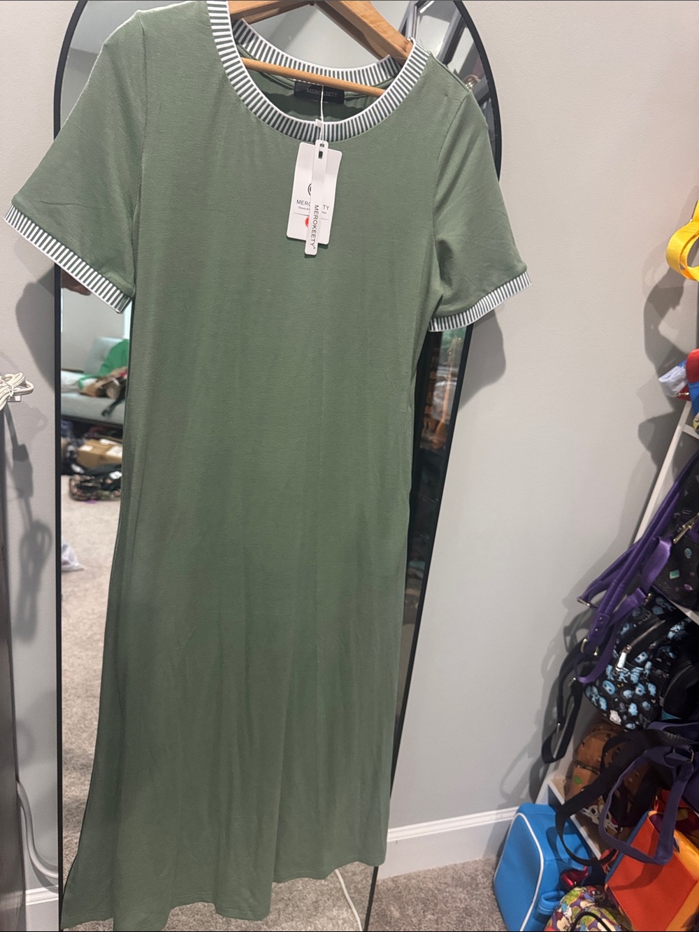 Olive Green Short-Sleeve Maxi Dress with Striped Trim